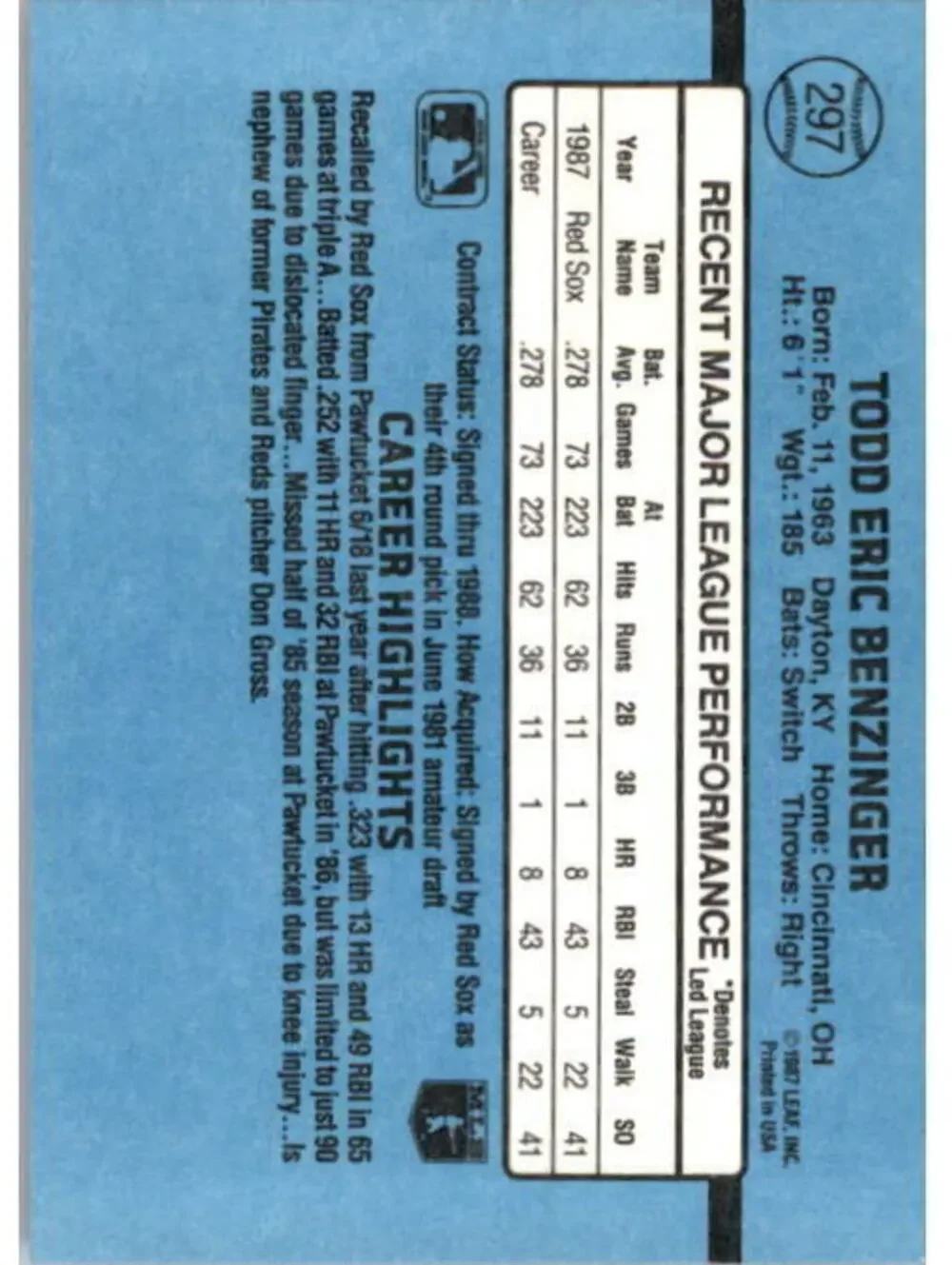 1988 Todd Benzinger Donruss Baseball Card #297
